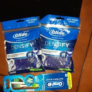 Oral-B Glide floss picks densify mint 2 packs & 2 medium toothbrushes tooth 75